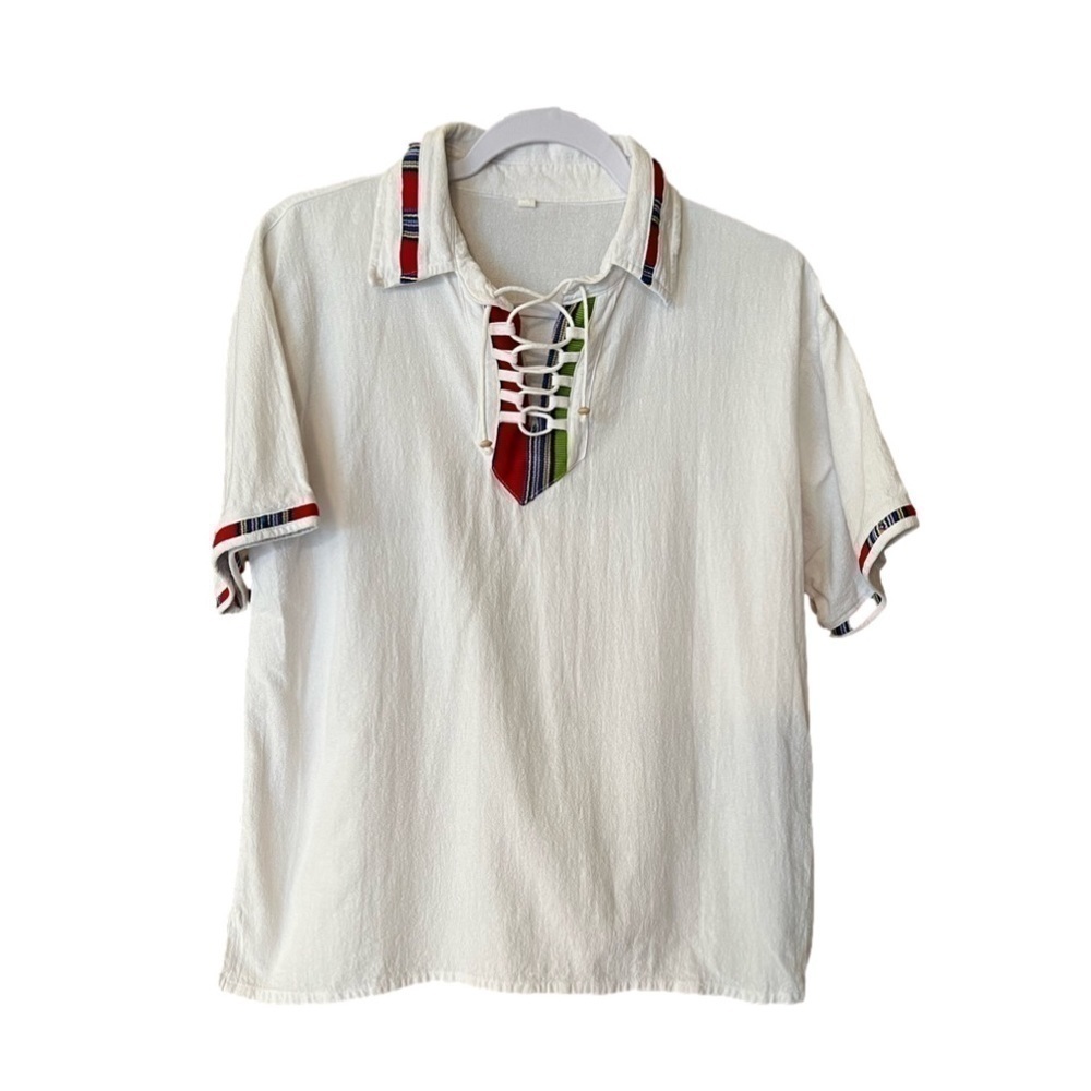 VINTAGE white shirt with lace up collar and serape trim